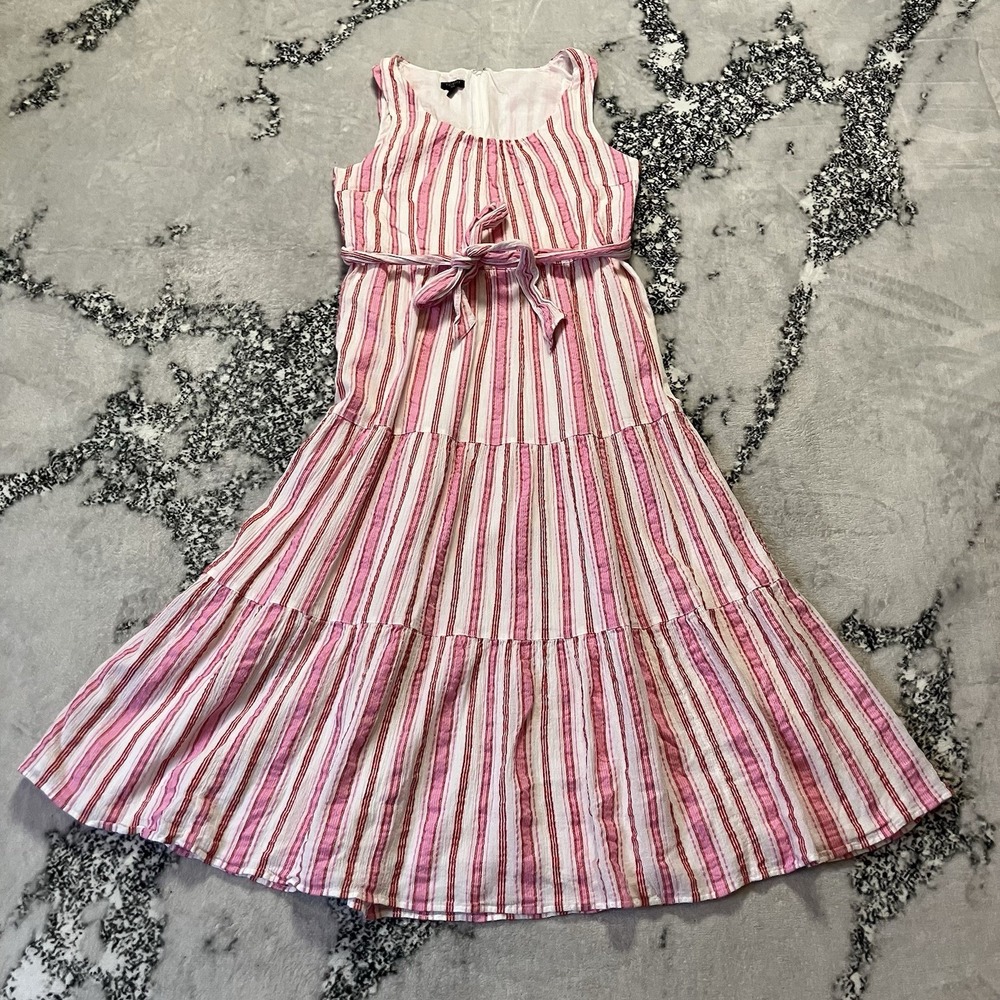 Talbots Dress Womens Sz 10P Pink‎ White Gauze Maxi Breezy Stripe Tiered Belted